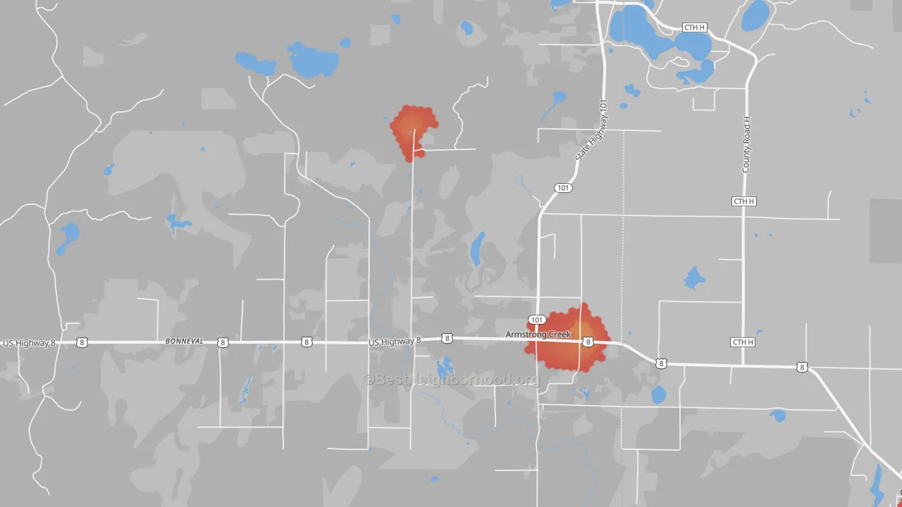 Walk Grade map of 54103, WI, walkable areas in green and car-dependent areas in red