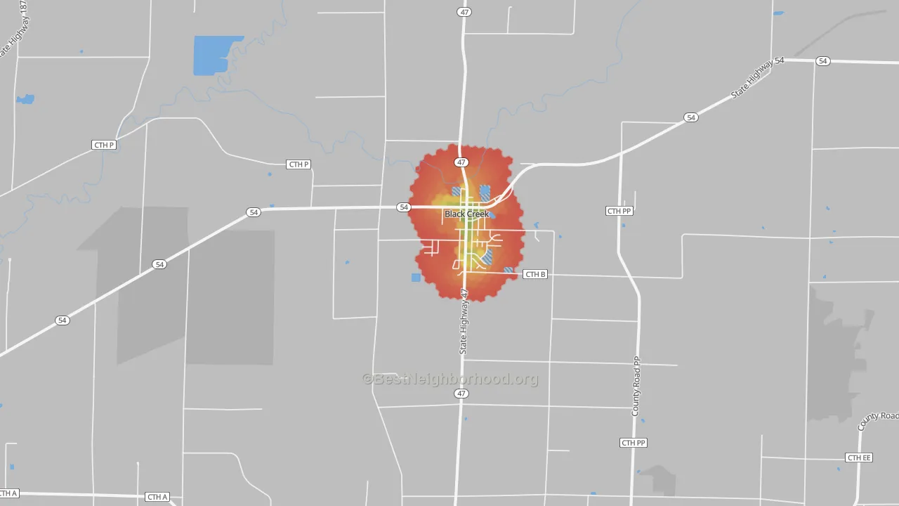 Walk Grade map of 54106, WI, walkable areas in green and car-dependent areas in red