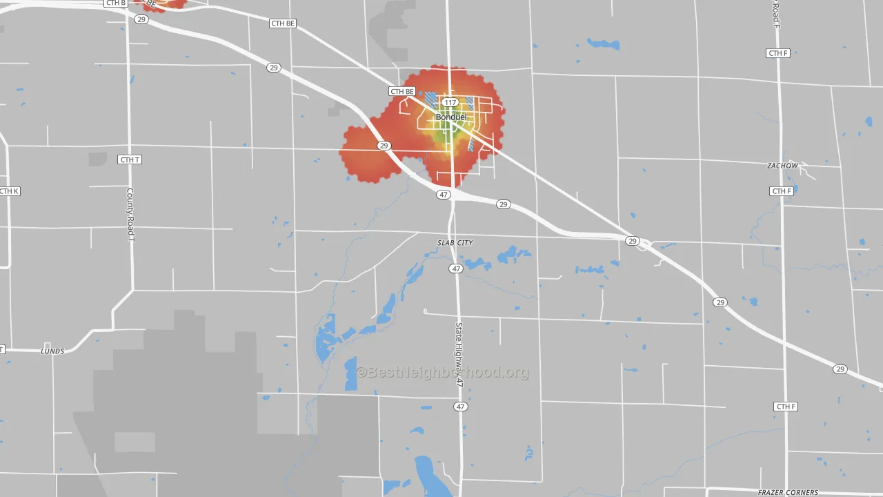 Walk Grade map of 54107, WI, walkable areas in green and car-dependent areas in red