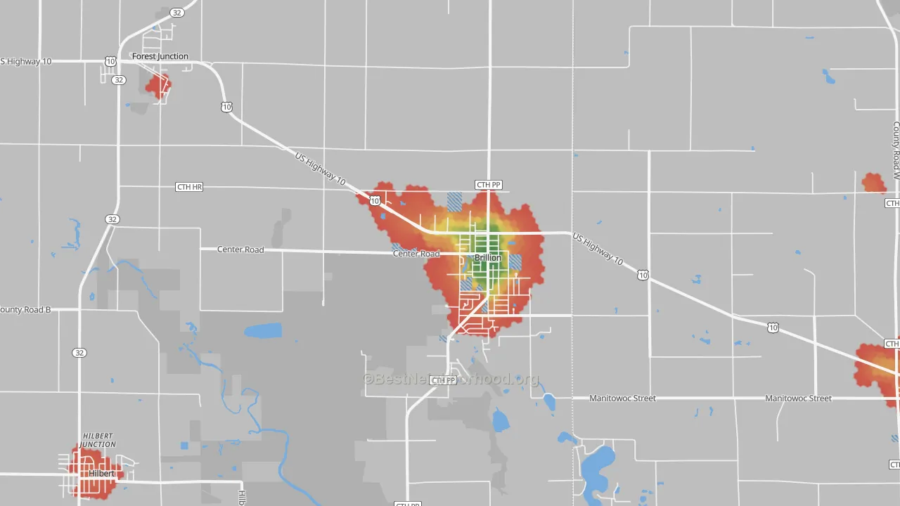 Walk Grade map of 54110, WI, walkable areas in green and car-dependent areas in red