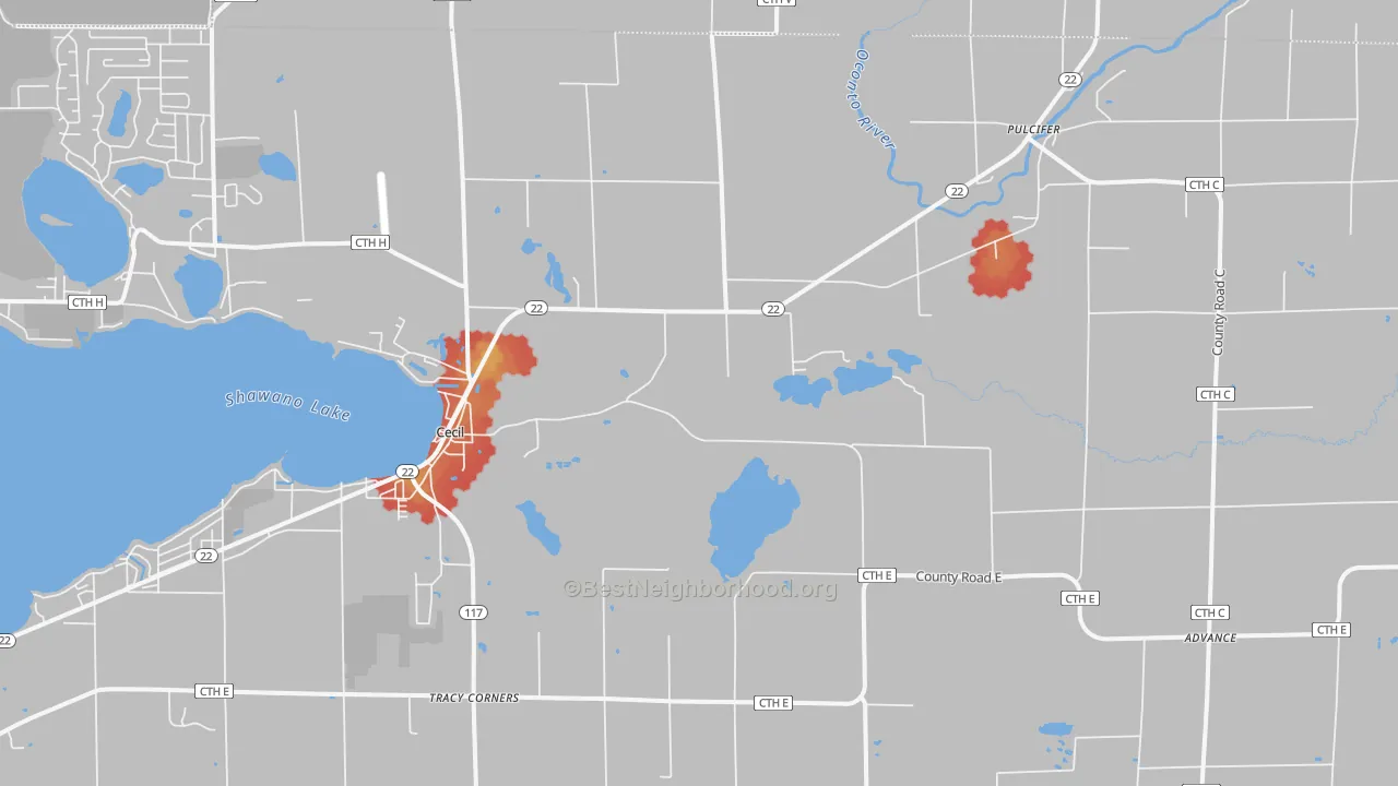 Walk Grade map of 54111, WI, walkable areas in green and car-dependent areas in red