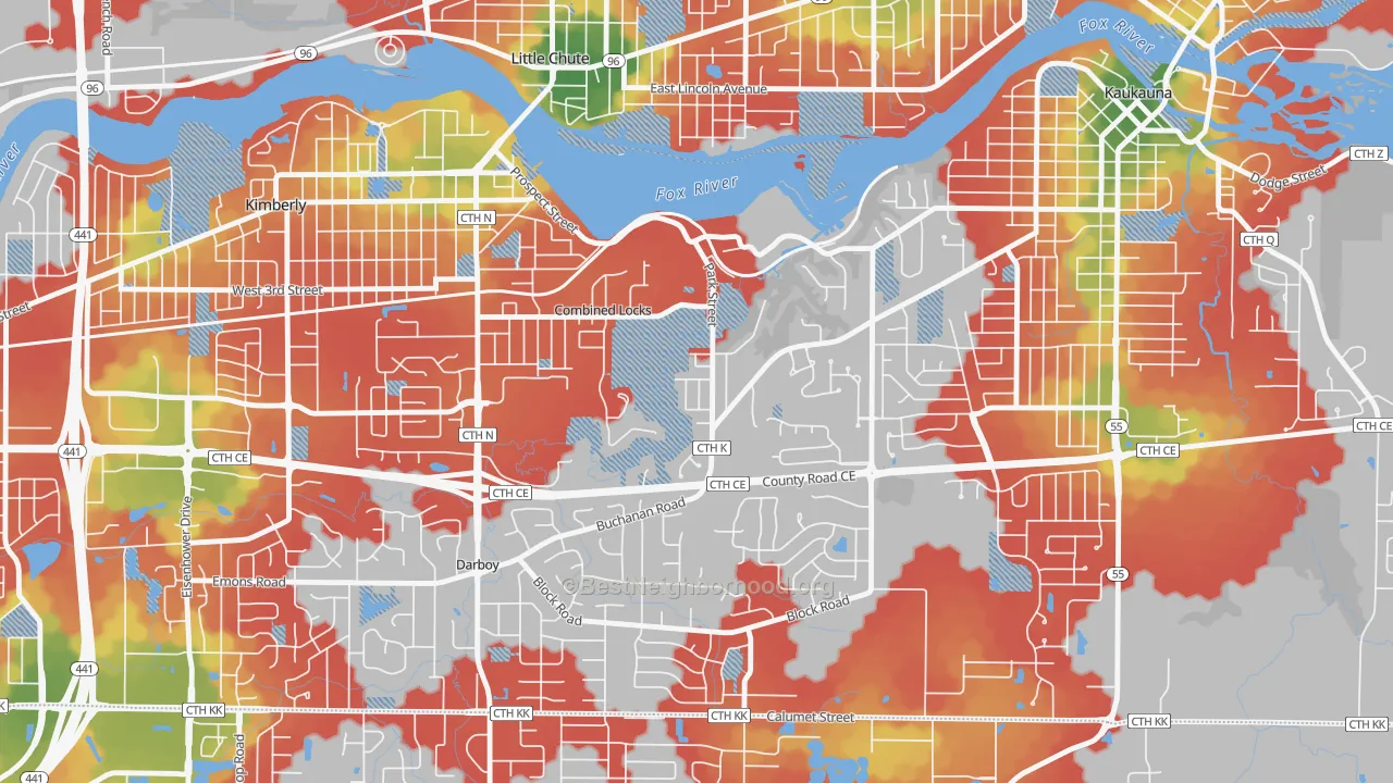 Walk Grade map of 54113, WI, walkable areas in green and car-dependent areas in red