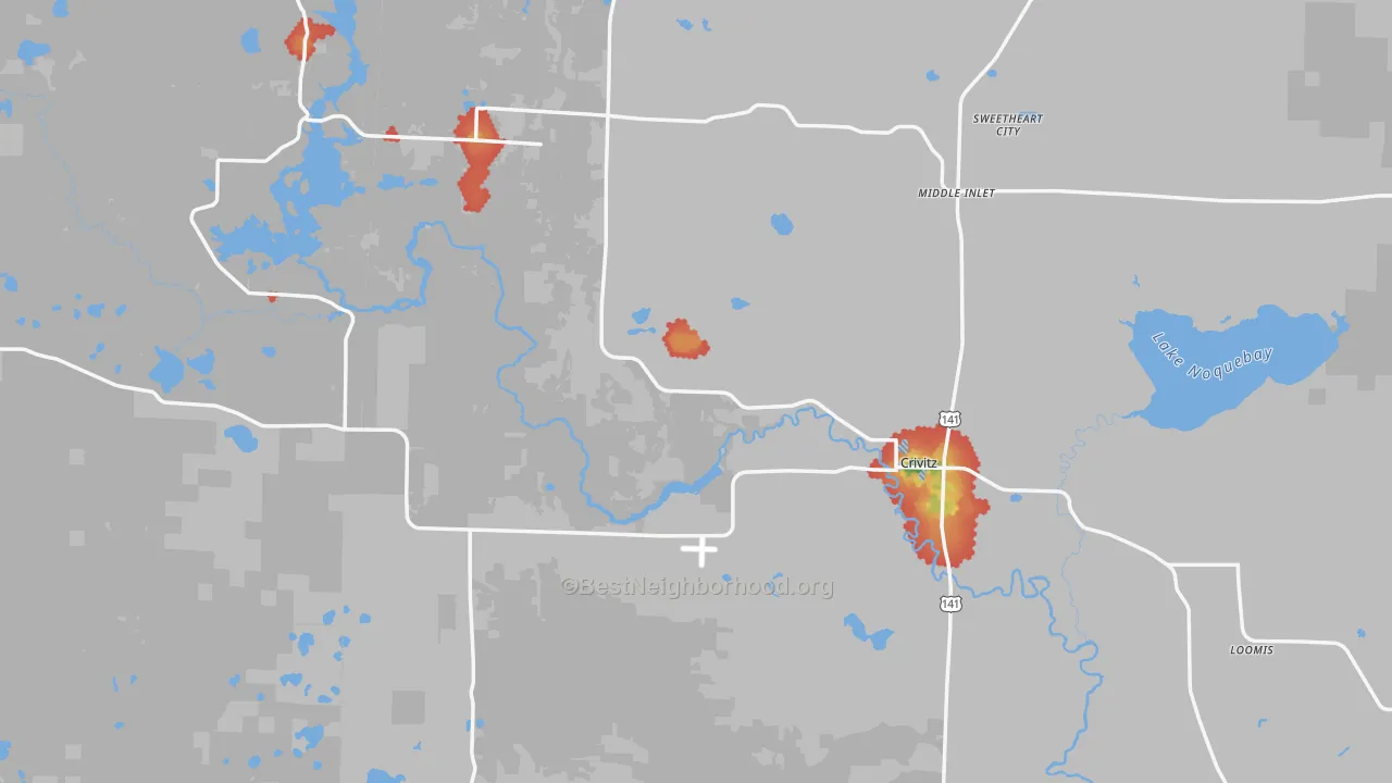 Walk Grade map of 54114, WI, walkable areas in green and car-dependent areas in red