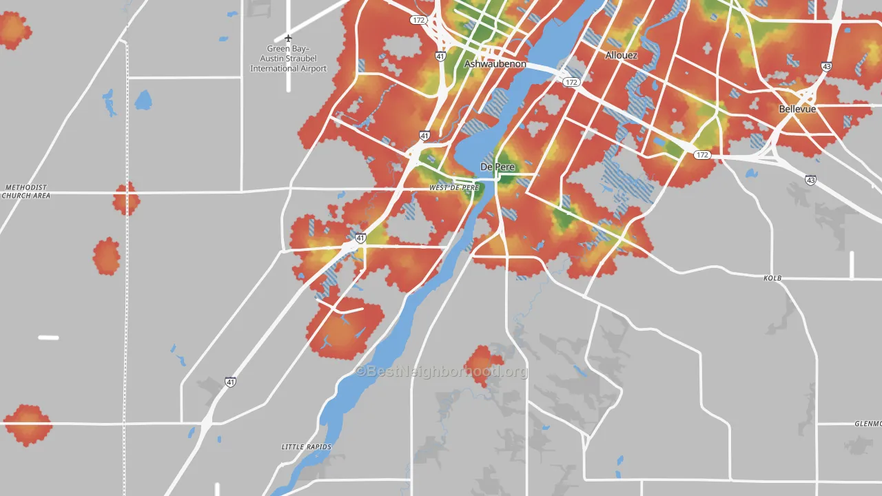 Walk Grade map of 54115, WI, walkable areas in green and car-dependent areas in red
