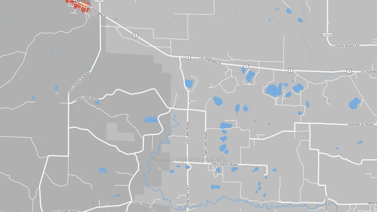 Walk Grade map of 54119, WI, walkable areas in green and car-dependent areas in red