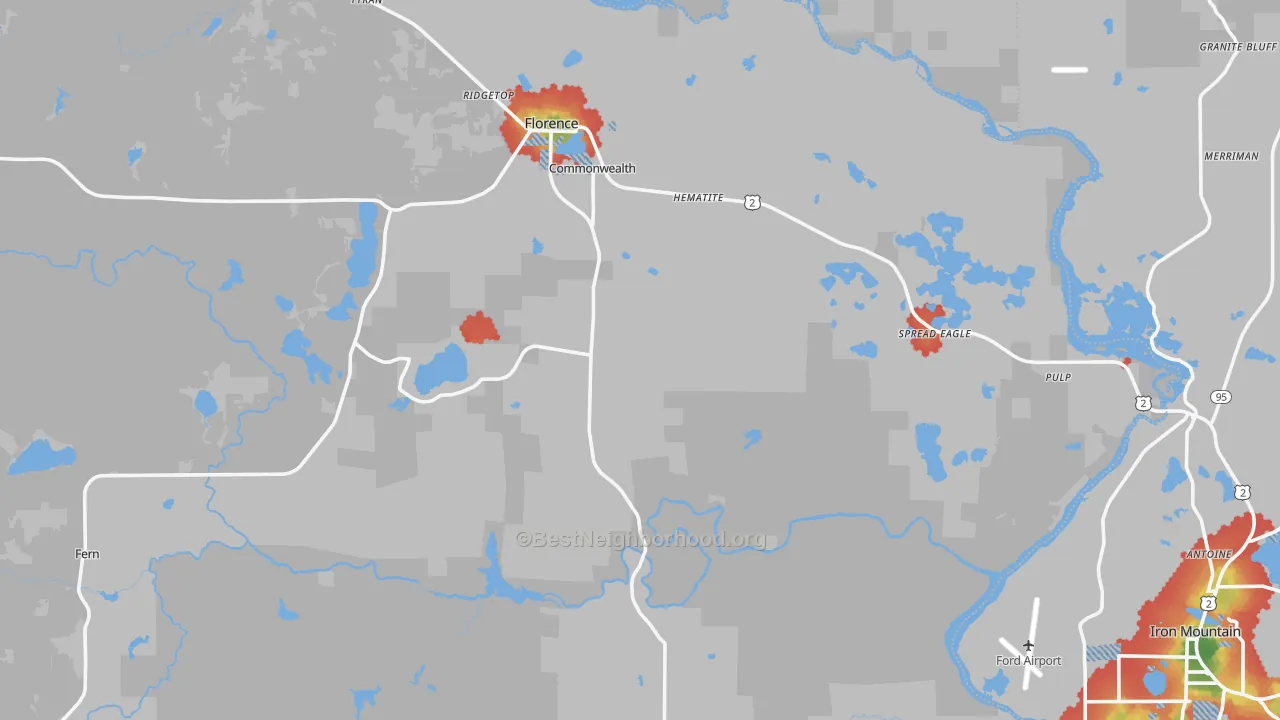 Walk Grade map of 54121, WI, walkable areas in green and car-dependent areas in red