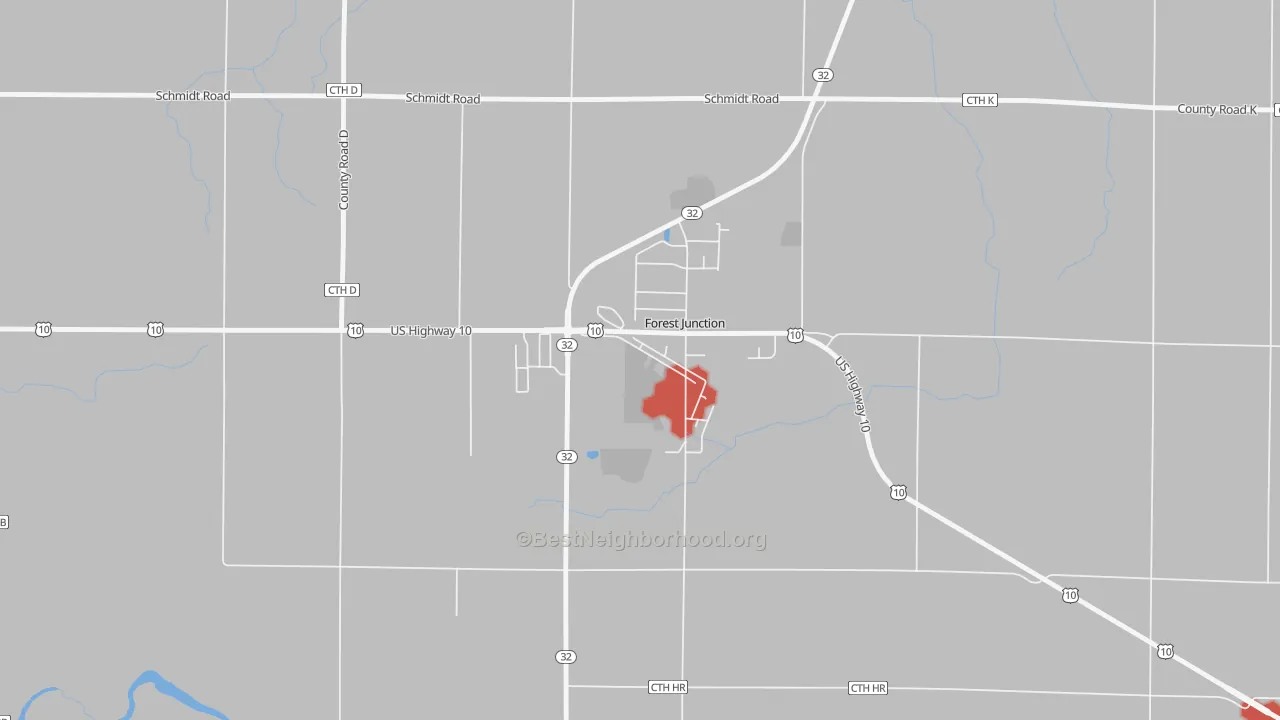 Walk Grade map of 54123, WI, walkable areas in green and car-dependent areas in red