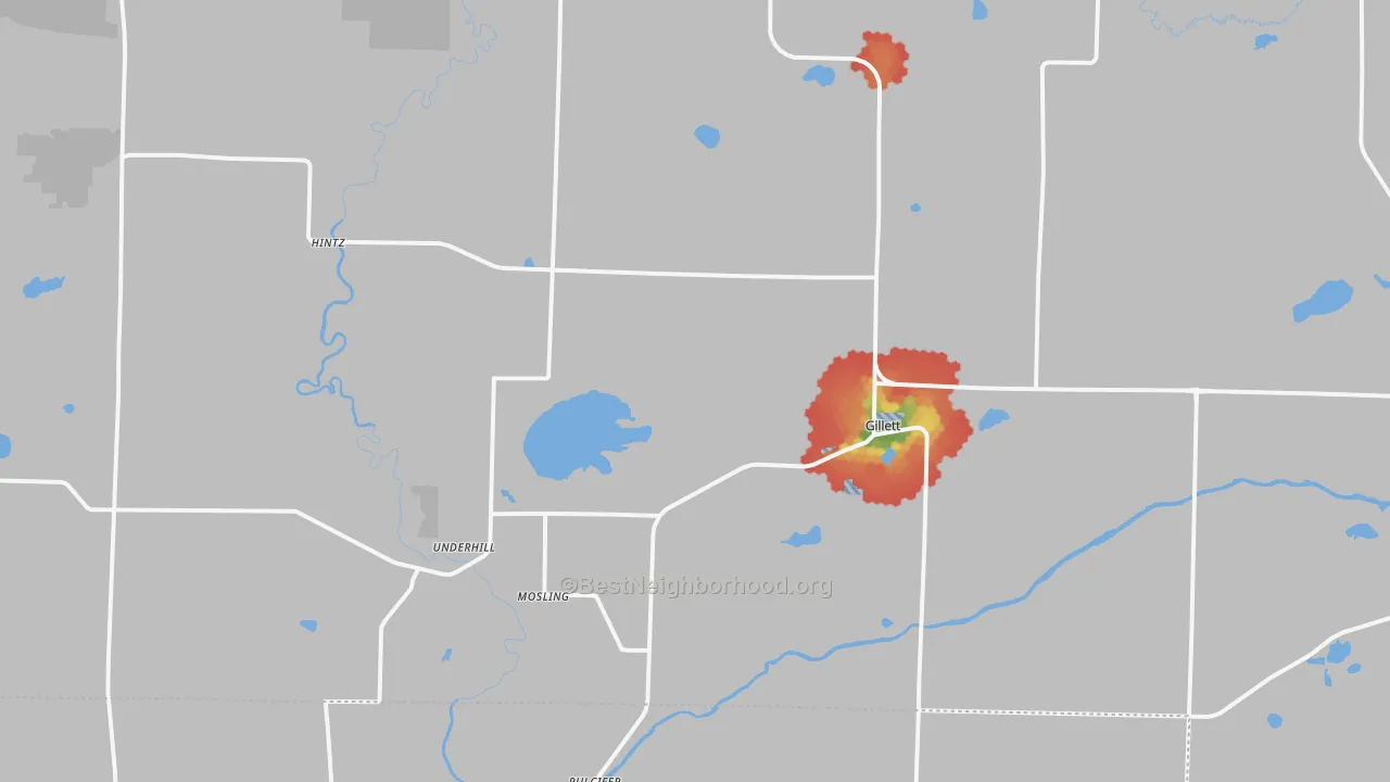 Walk Grade map of 54124, WI, walkable areas in green and car-dependent areas in red