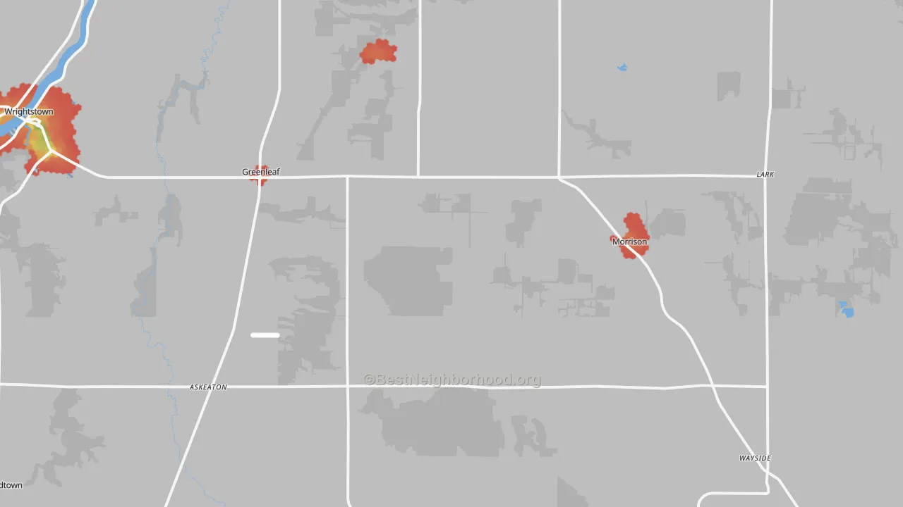 Walk Grade map of 54126, WI, walkable areas in green and car-dependent areas in red