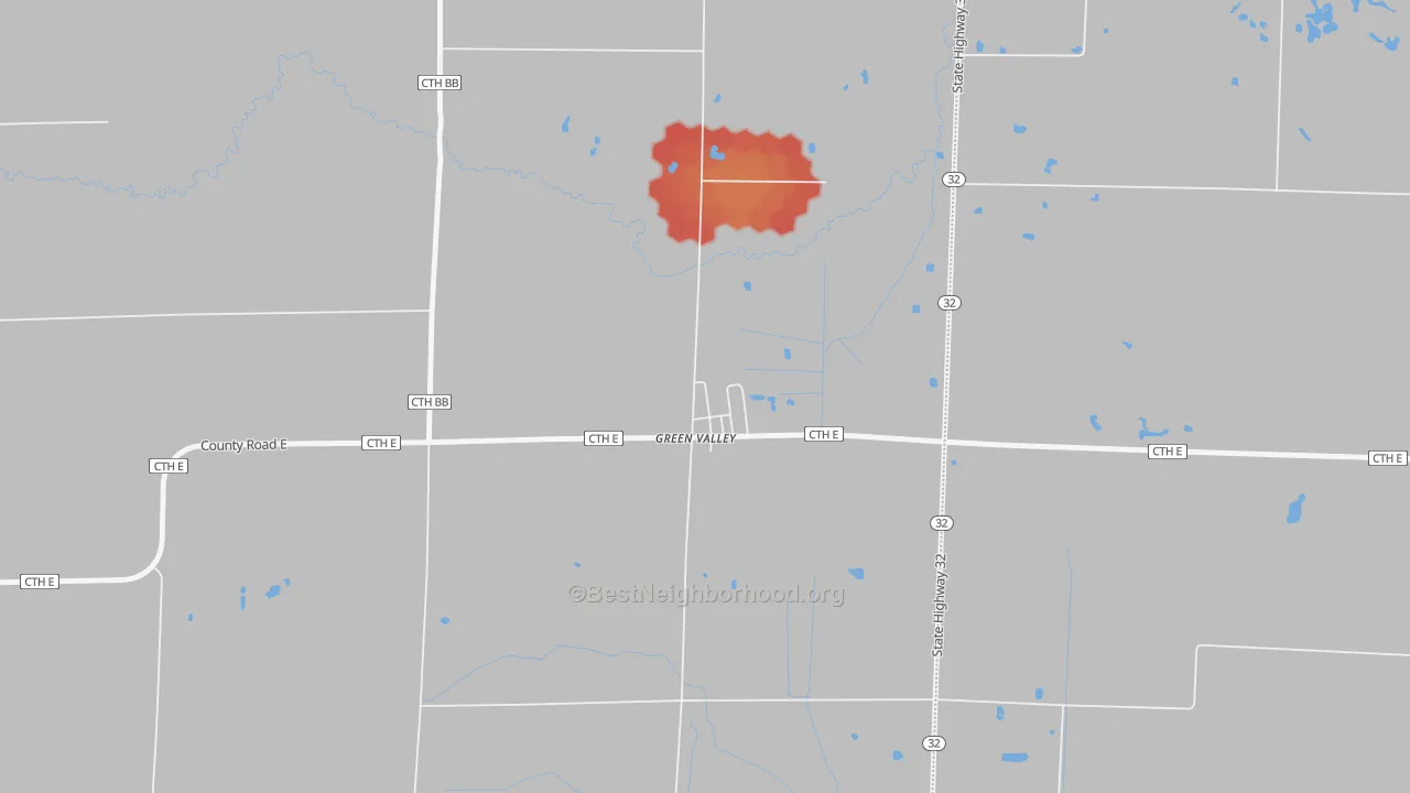 Walk Grade map of 54127, WI, walkable areas in green and car-dependent areas in red