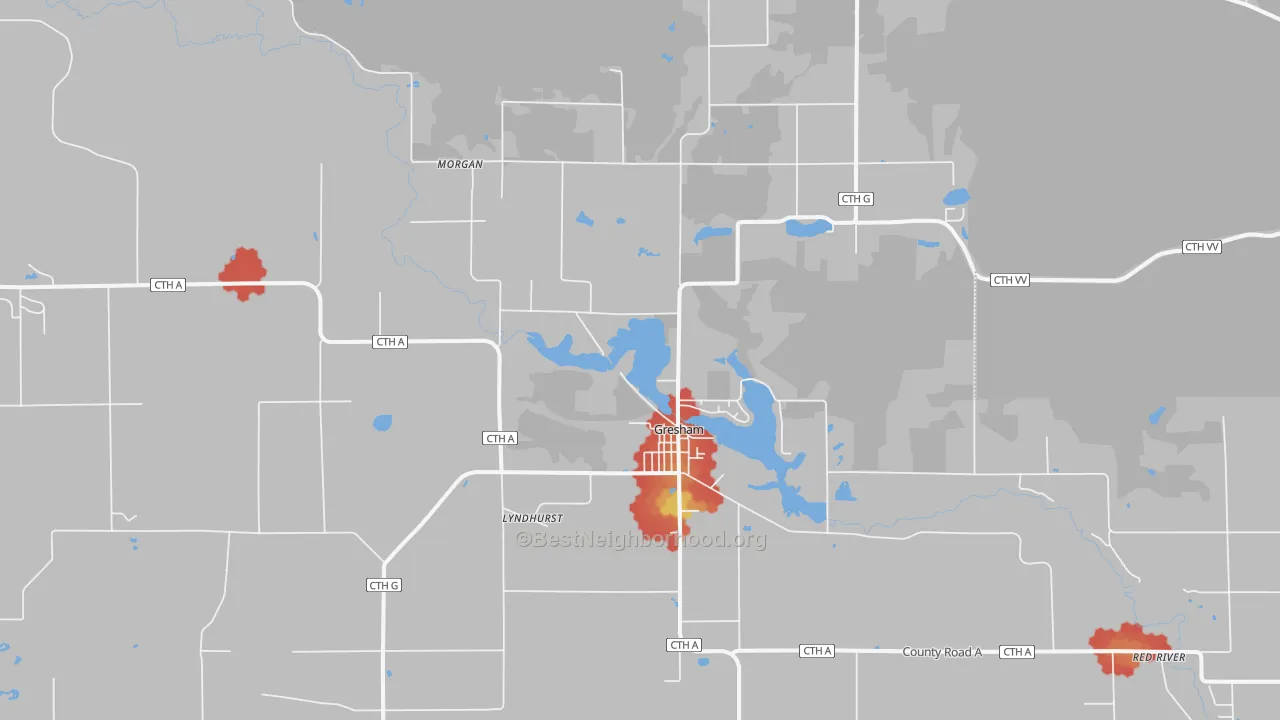 Walk Grade map of 54128, WI, walkable areas in green and car-dependent areas in red