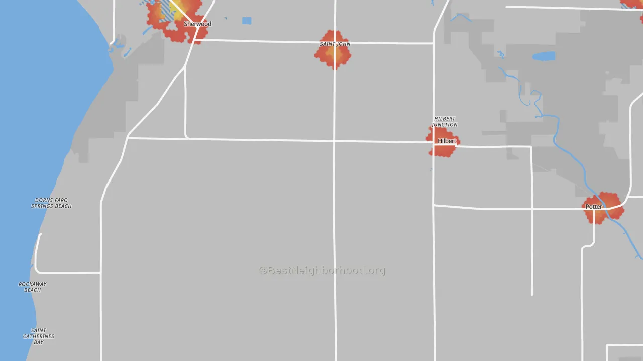 Walk Grade map of 54129, WI, walkable areas in green and car-dependent areas in red