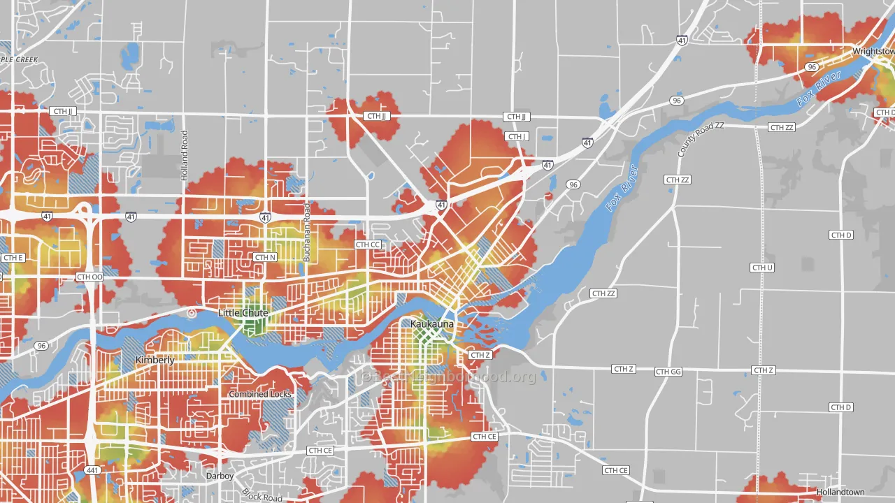 Walk Grade map of 54130, WI, walkable areas in green and car-dependent areas in red