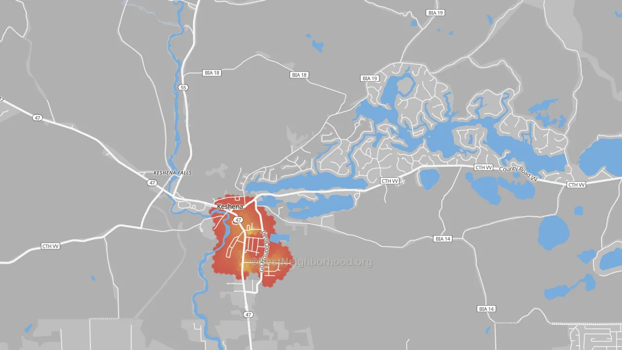 Walk Grade map of 54135, WI, walkable areas in green and car-dependent areas in red