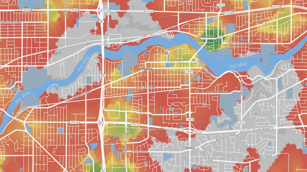 Walk Grade map of 54136, WI, walkable areas in green and car-dependent areas in red
