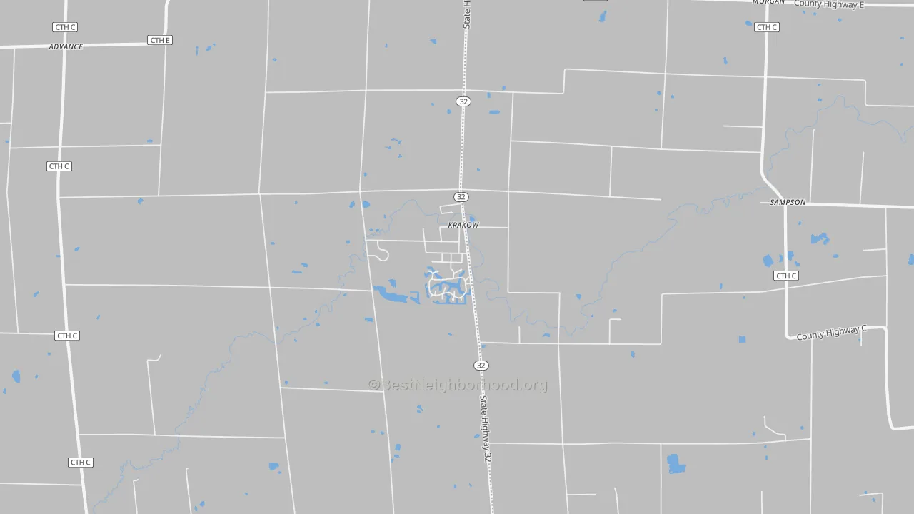 Walk Grade map of 54137, WI, walkable areas in green and car-dependent areas in red