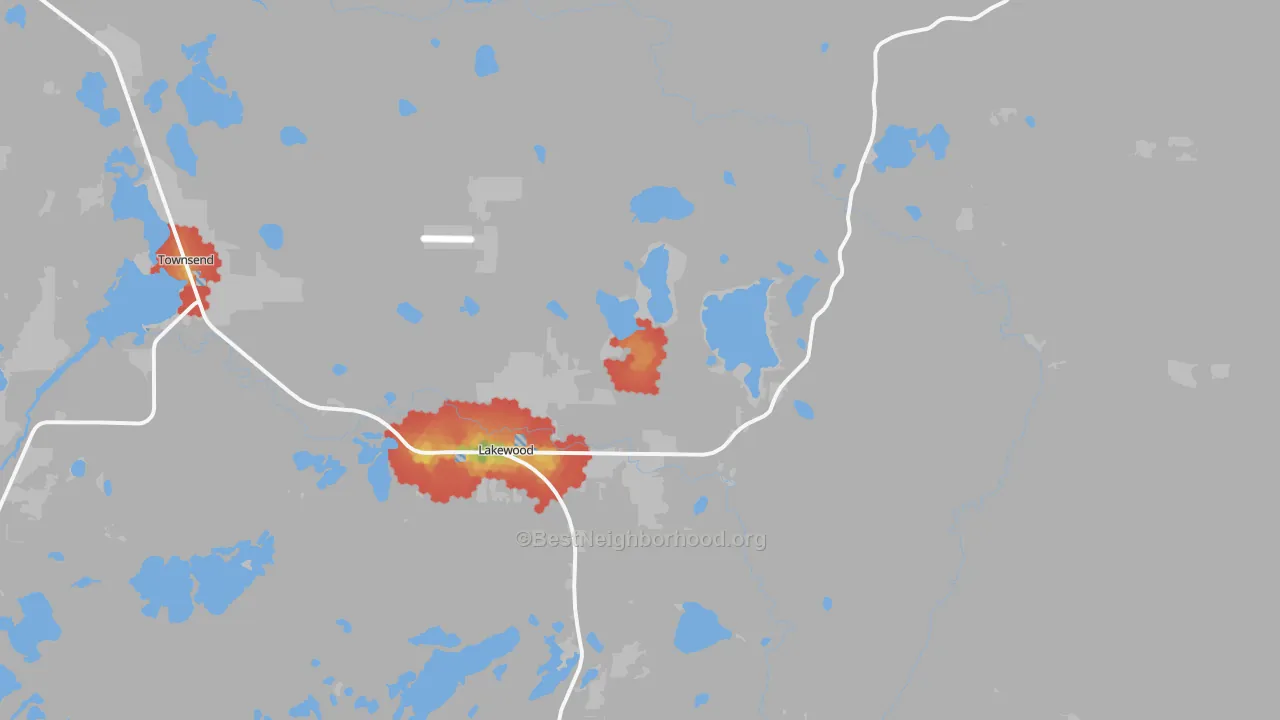 Walk Grade map of 54138, WI, walkable areas in green and car-dependent areas in red