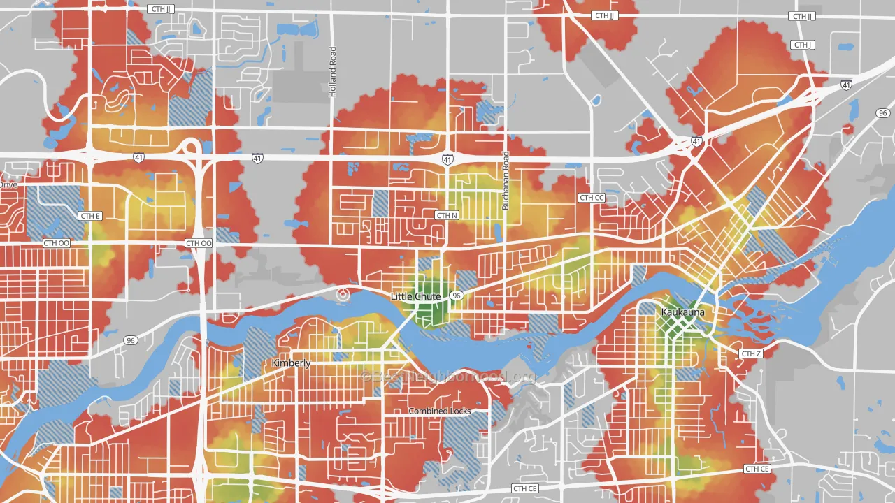 Walk Grade map of 54140, WI, walkable areas in green and car-dependent areas in red
