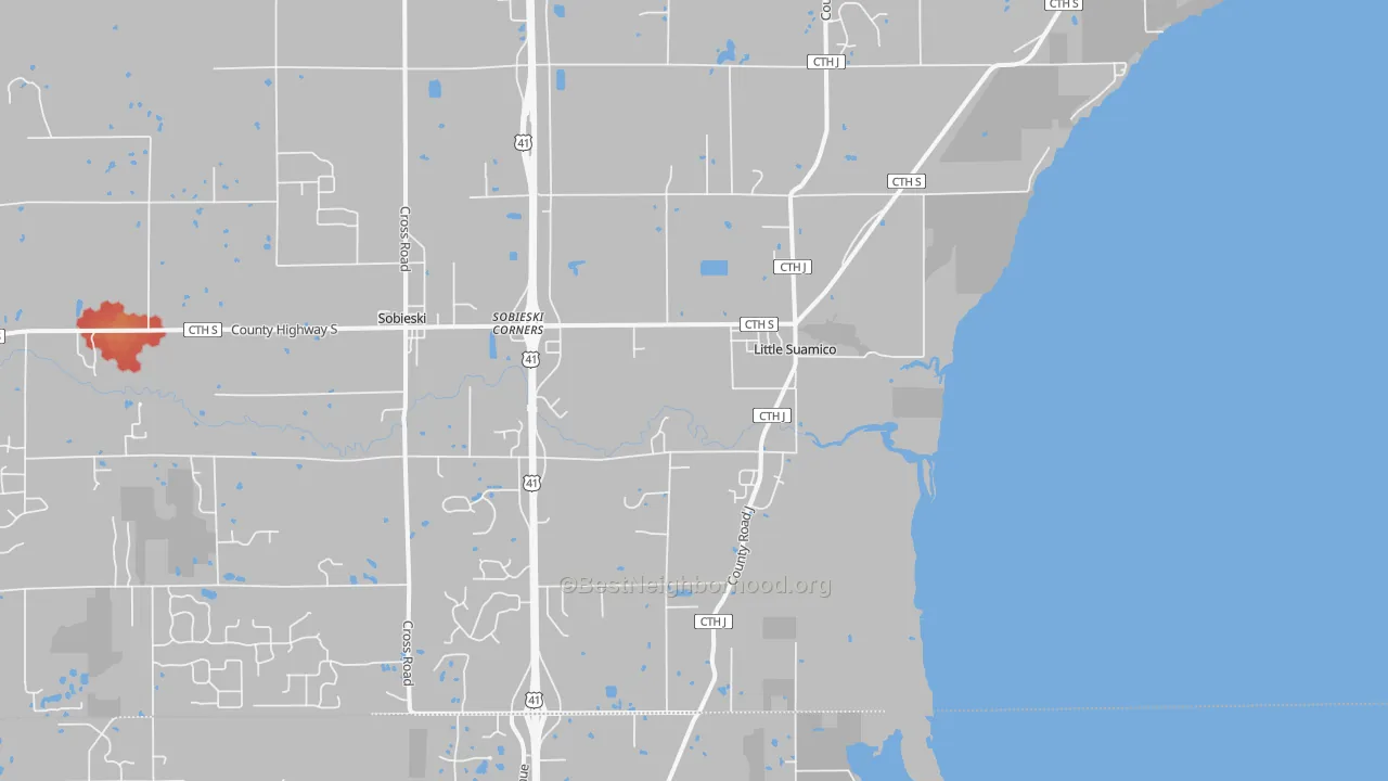 Walk Grade map of 54141, WI, walkable areas in green and car-dependent areas in red