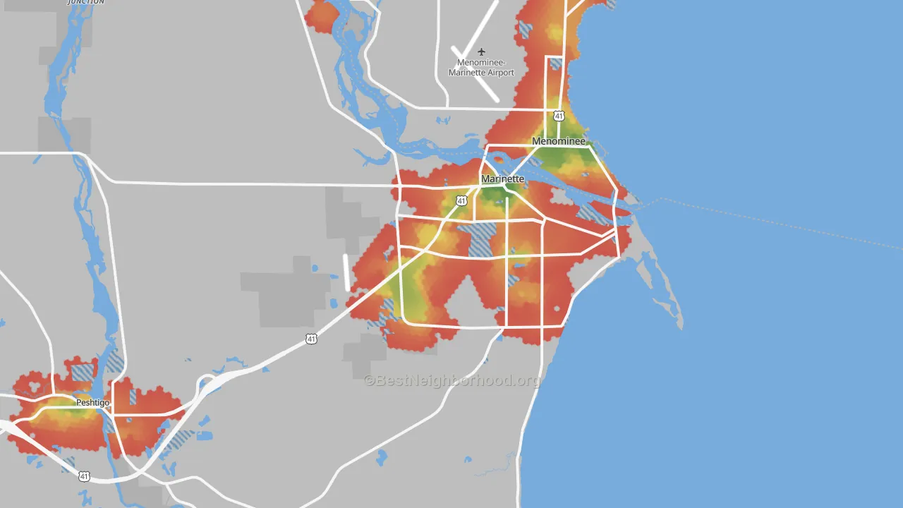 Walk Grade map of 54143, WI, walkable areas in green and car-dependent areas in red