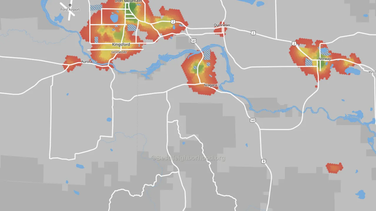 Walk Grade map of 54151, WI, walkable areas in green and car-dependent areas in red
