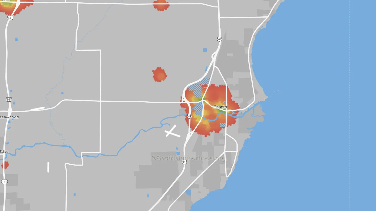 Walk Grade map of 54153, WI, walkable areas in green and car-dependent areas in red