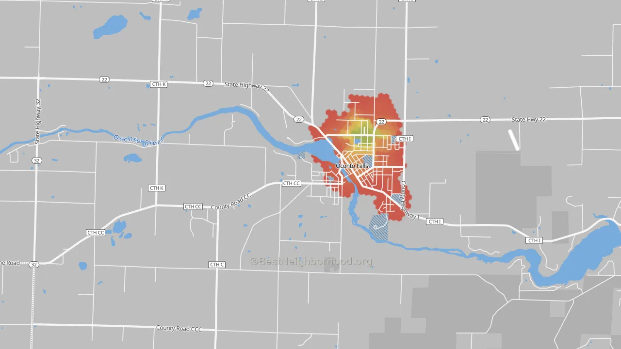 Walk Grade map of 54154, WI, walkable areas in green and car-dependent areas in red