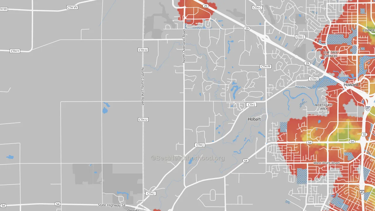 Walk Grade map of 54155, WI, walkable areas in green and car-dependent areas in red
