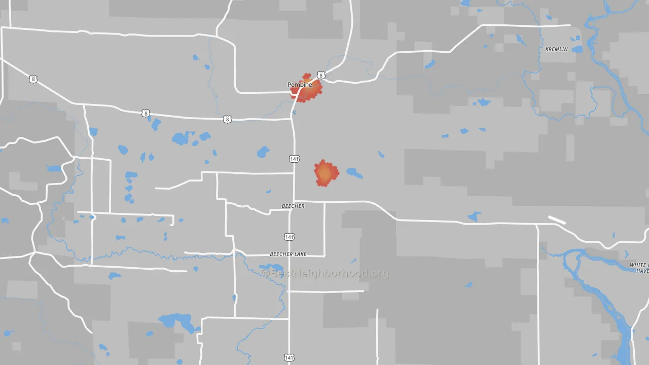Walk Grade map of 54156, WI, walkable areas in green and car-dependent areas in red