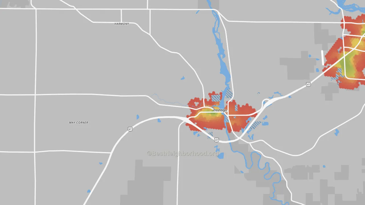 Walk Grade map of 54157, WI, walkable areas in green and car-dependent areas in red