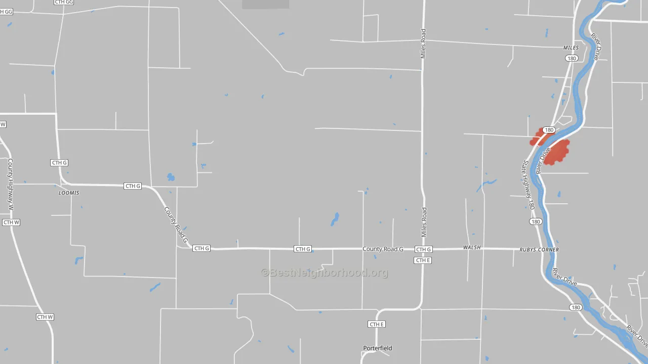 Walk Grade map of 54159, WI, walkable areas in green and car-dependent areas in red
