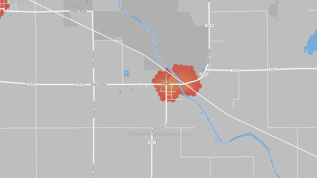Walk Grade map of 54160, WI, walkable areas in green and car-dependent areas in red