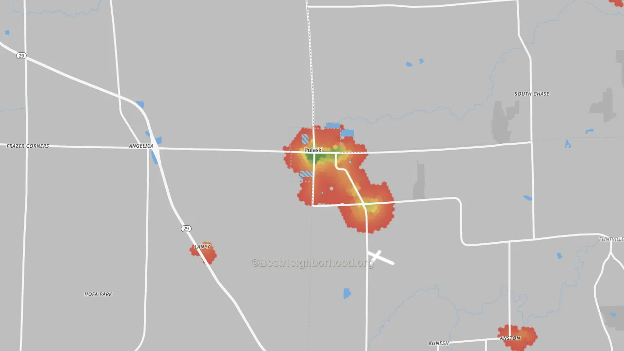 Walk Grade map of 54162, WI, walkable areas in green and car-dependent areas in red