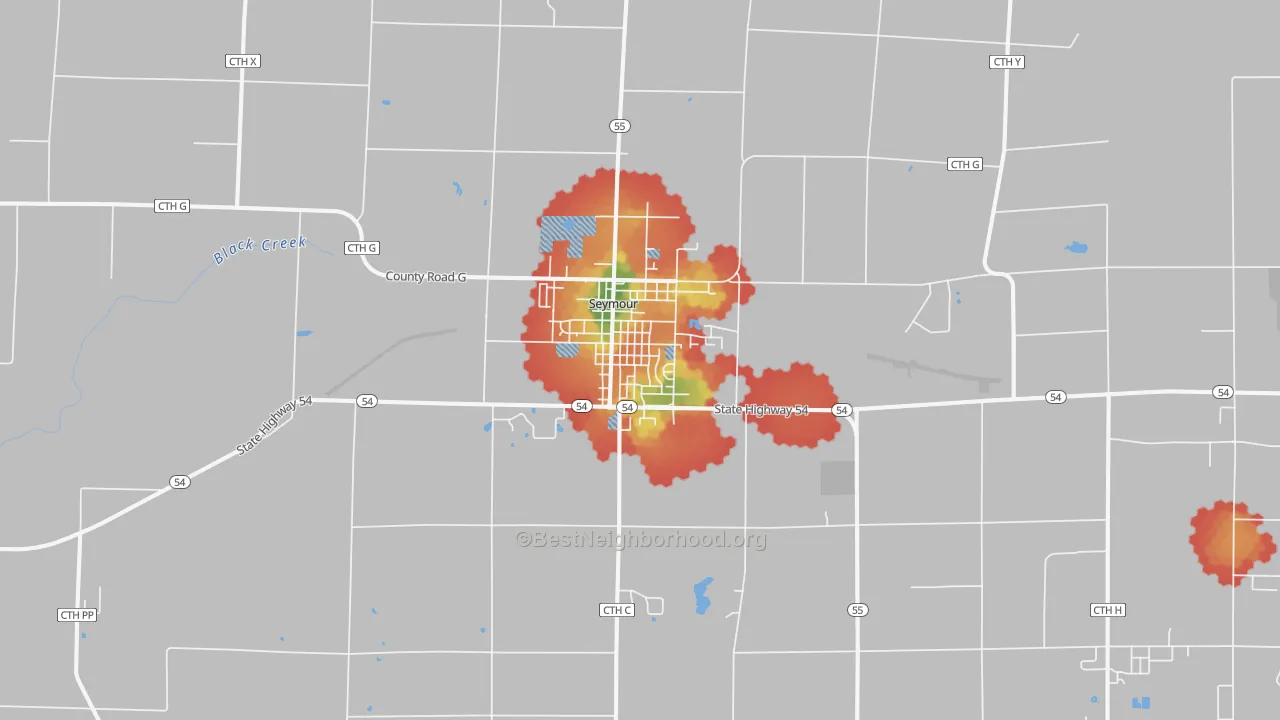 Walk Grade map of 54165, WI, walkable areas in green and car-dependent areas in red