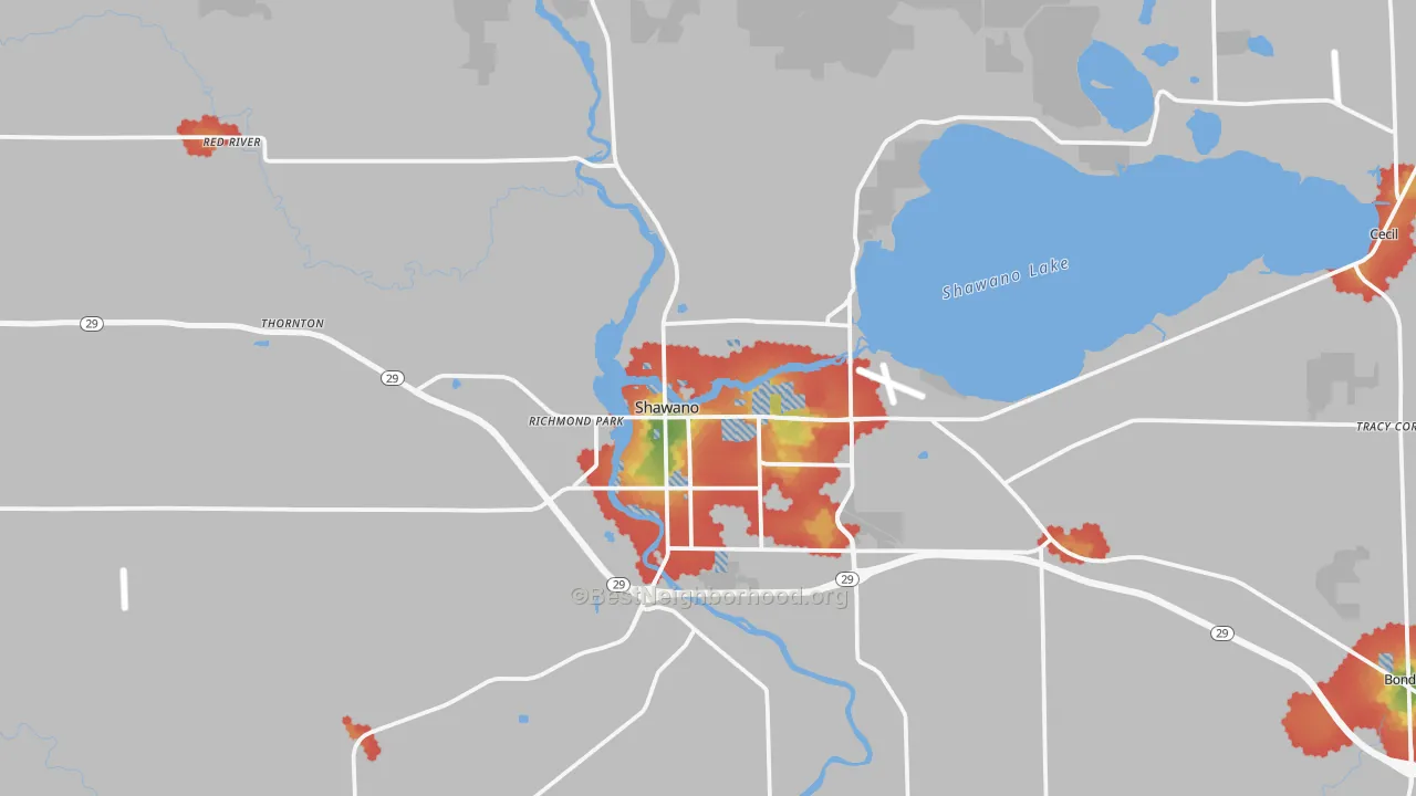 Walk Grade map of 54166, WI, walkable areas in green and car-dependent areas in red