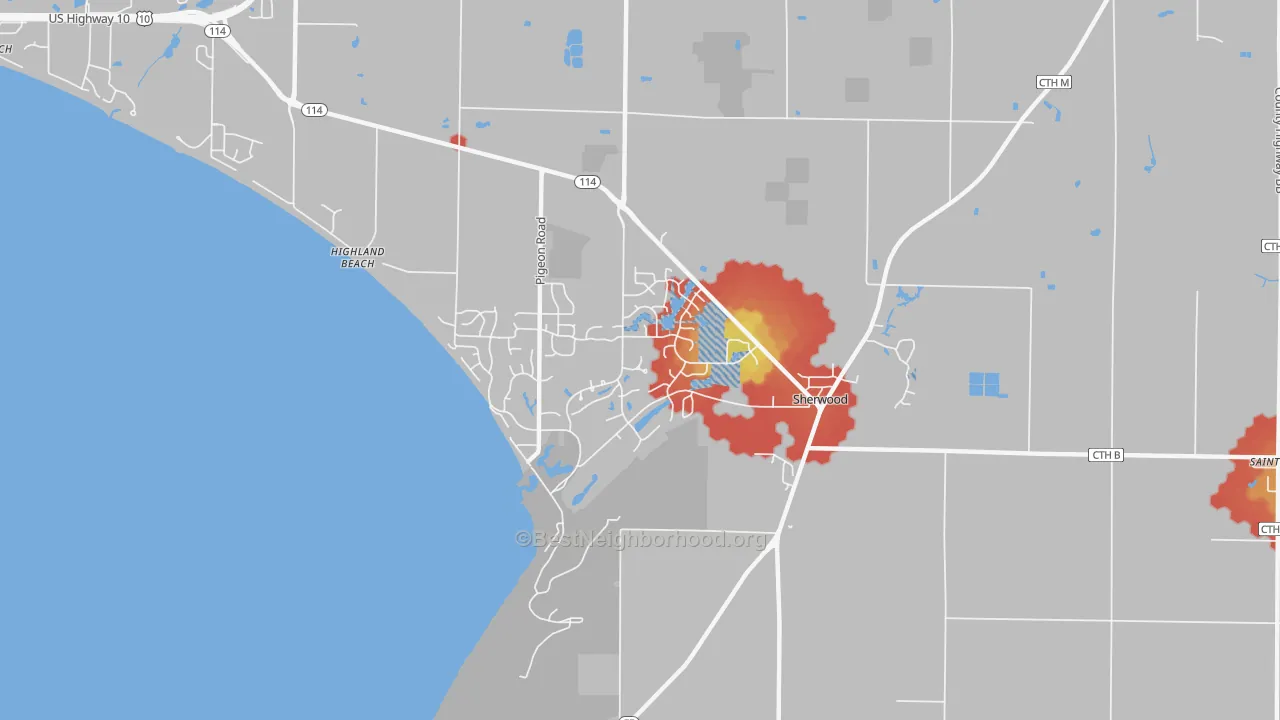 Walk Grade map of 54169, WI, walkable areas in green and car-dependent areas in red