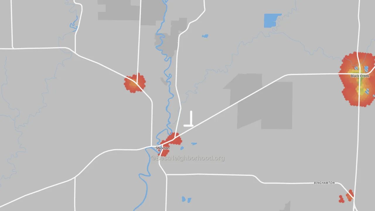 Walk Grade map of 54170, WI, walkable areas in green and car-dependent areas in red