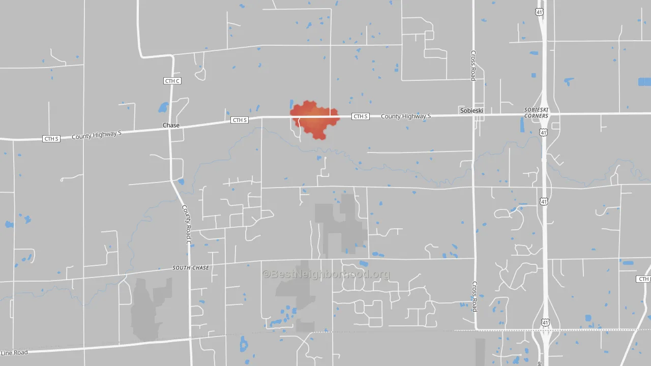 Walk Grade map of 54171, WI, walkable areas in green and car-dependent areas in red