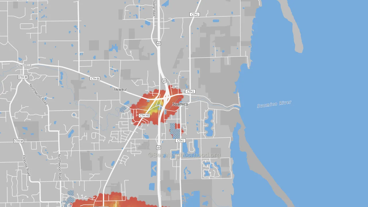 Walk Grade map of 54173, WI, walkable areas in green and car-dependent areas in red