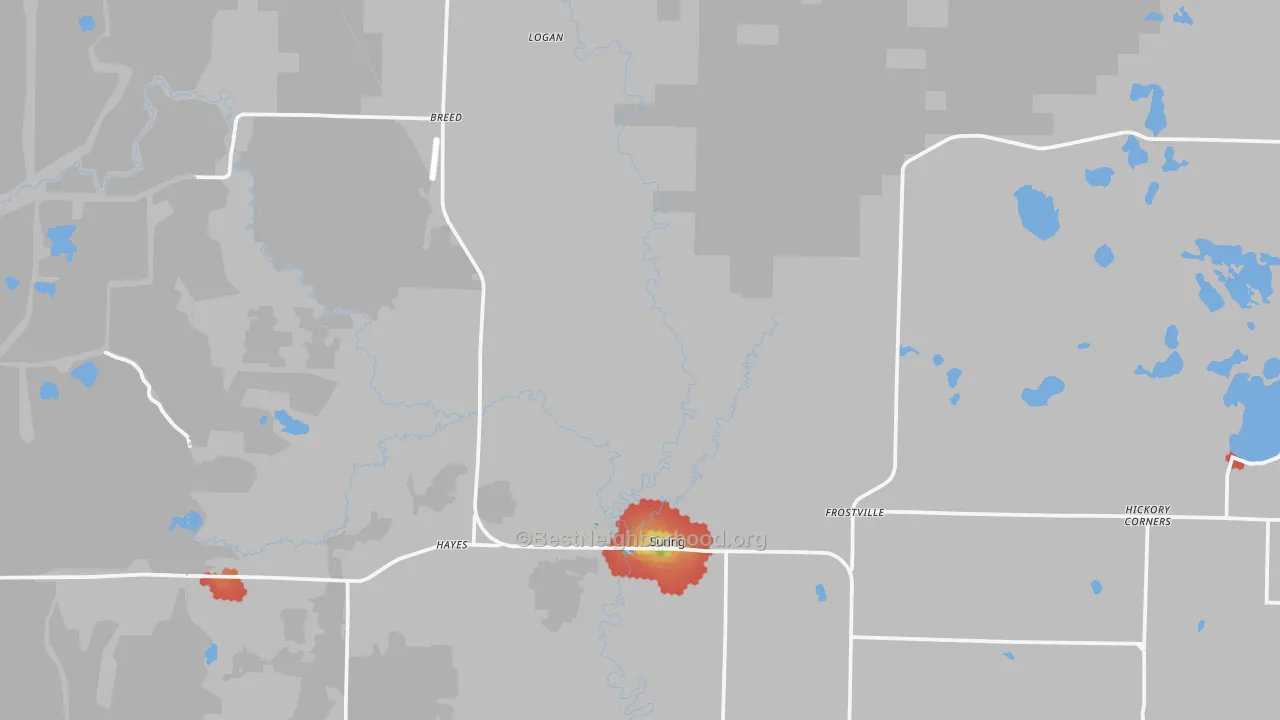 Walk Grade map of 54174, WI, walkable areas in green and car-dependent areas in red