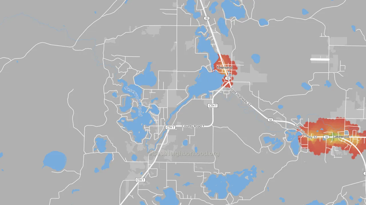 Walk Grade map of 54175, WI, walkable areas in green and car-dependent areas in red