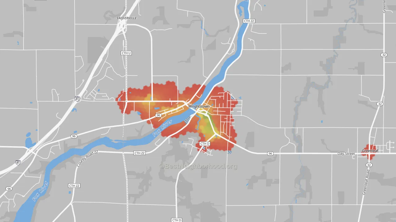 Walk Grade map of 54180, WI, walkable areas in green and car-dependent areas in red