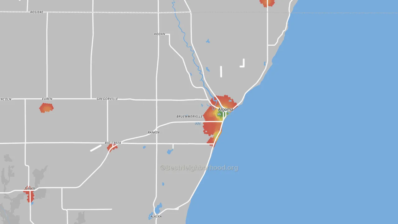 Walk Grade map of 54201, WI, walkable areas in green and car-dependent areas in red