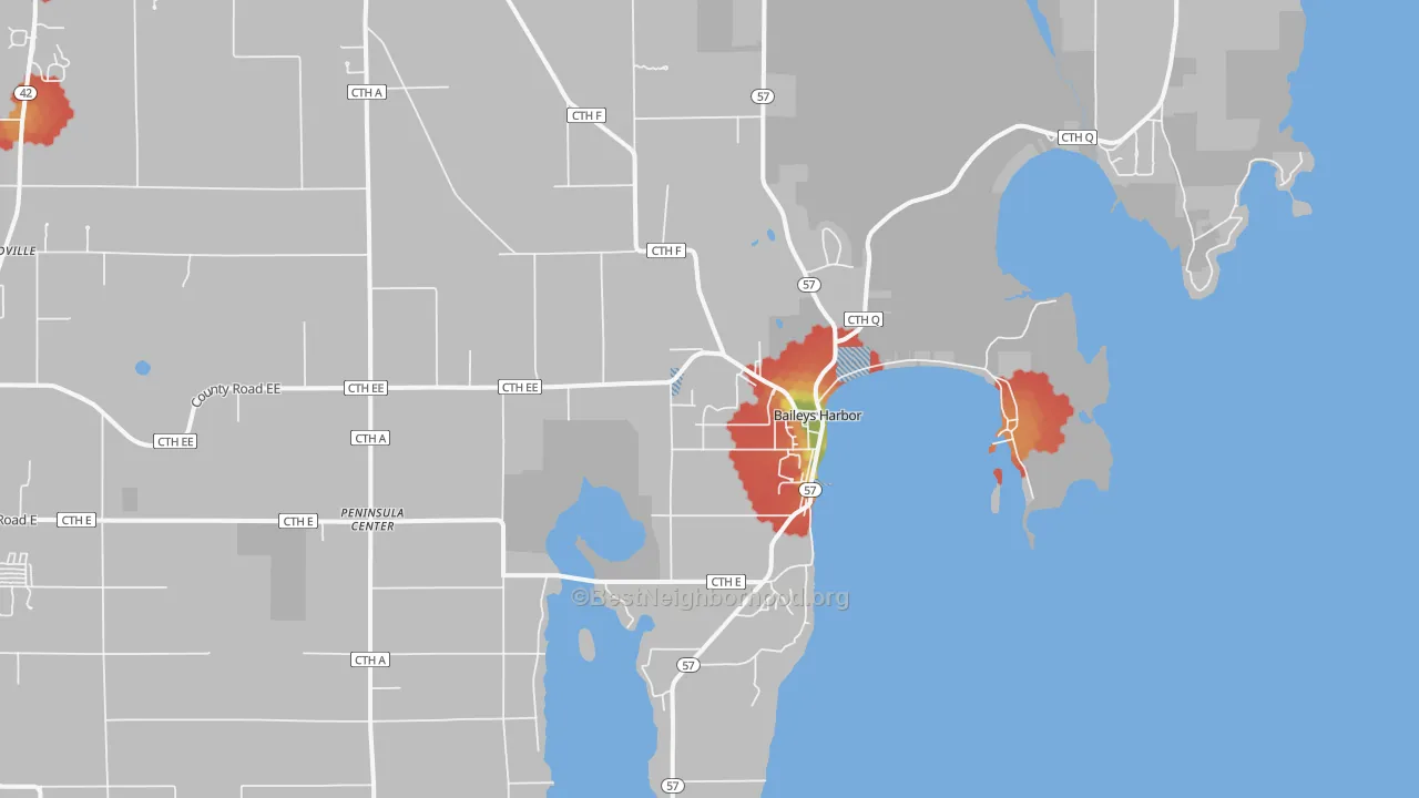 Walk Grade map of 54202, WI, walkable areas in green and car-dependent areas in red