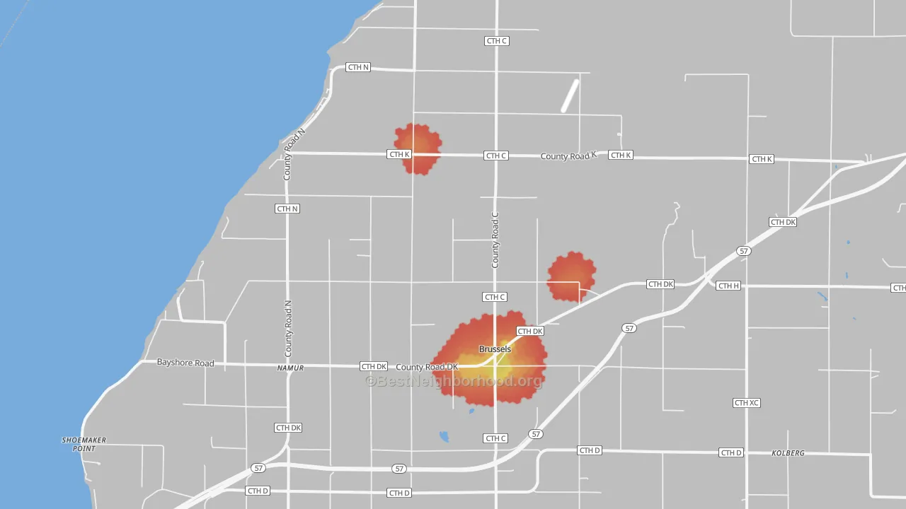 Walk Grade map of 54204, WI, walkable areas in green and car-dependent areas in red