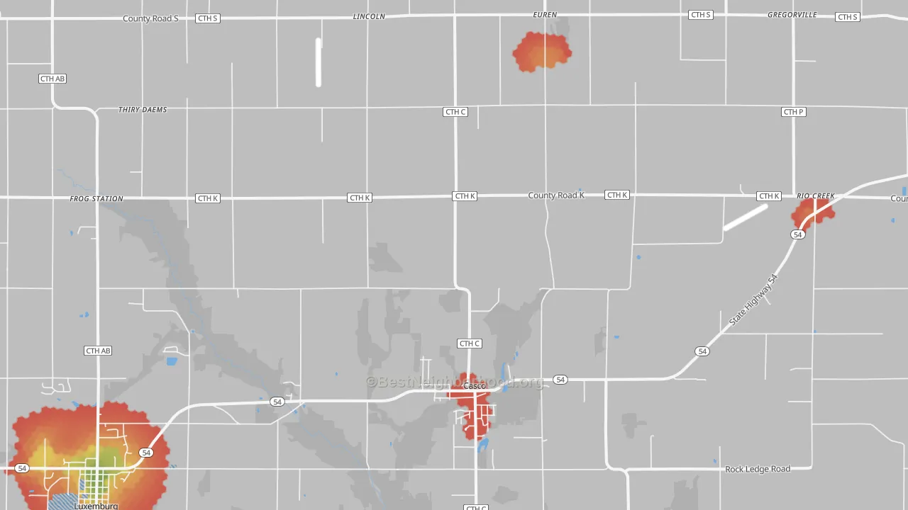 Walk Grade map of 54205, WI, walkable areas in green and car-dependent areas in red