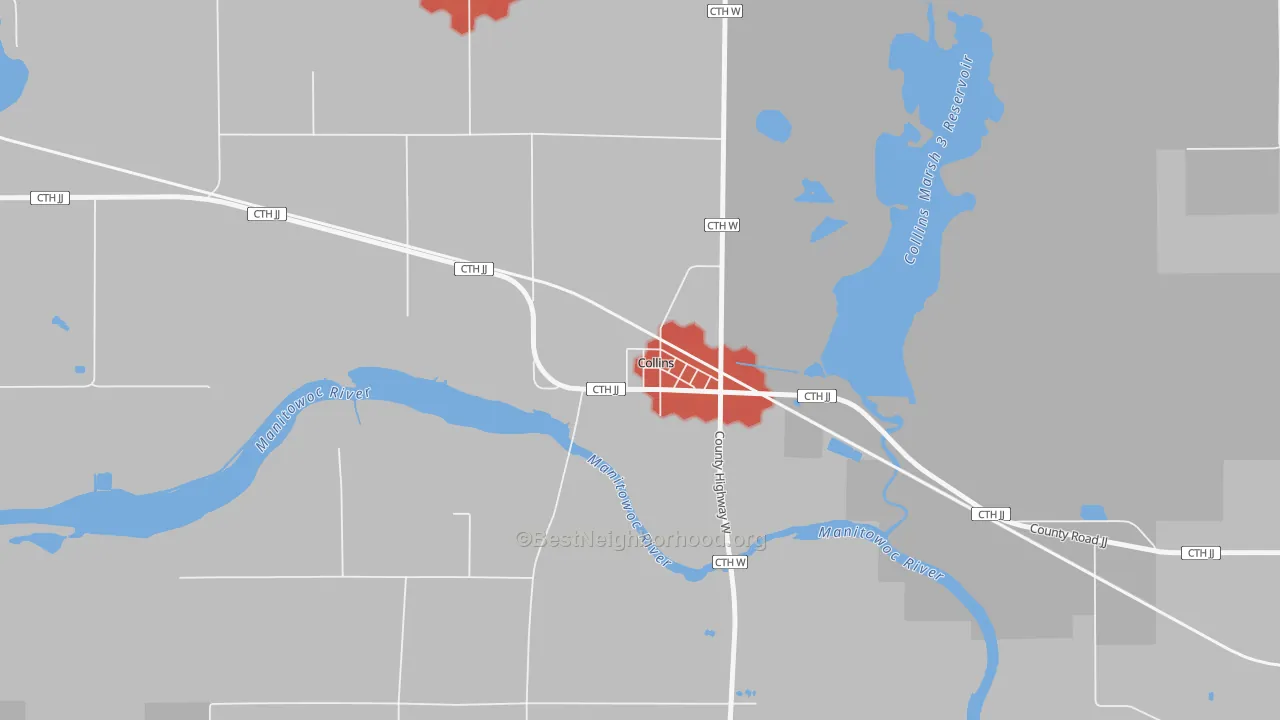 Walk Grade map of 54207, WI, walkable areas in green and car-dependent areas in red