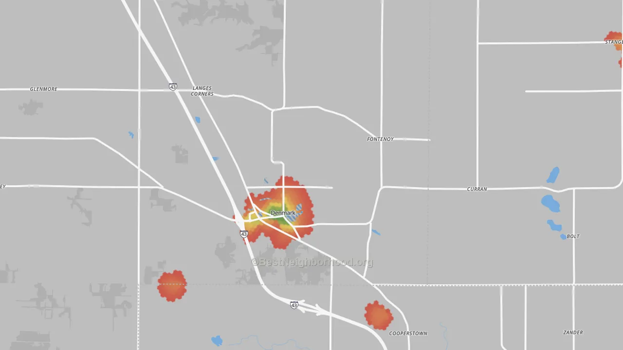 Walk Grade map of 54208, WI, walkable areas in green and car-dependent areas in red