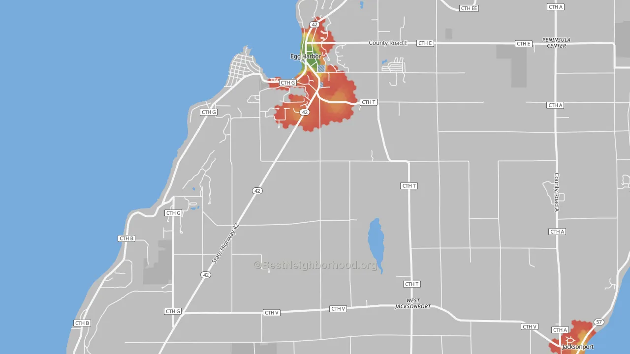 Walk Grade map of 54209, WI, walkable areas in green and car-dependent areas in red