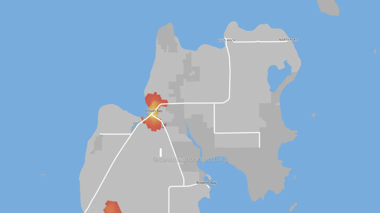 Walk Grade map of 54210, WI, walkable areas in green and car-dependent areas in red